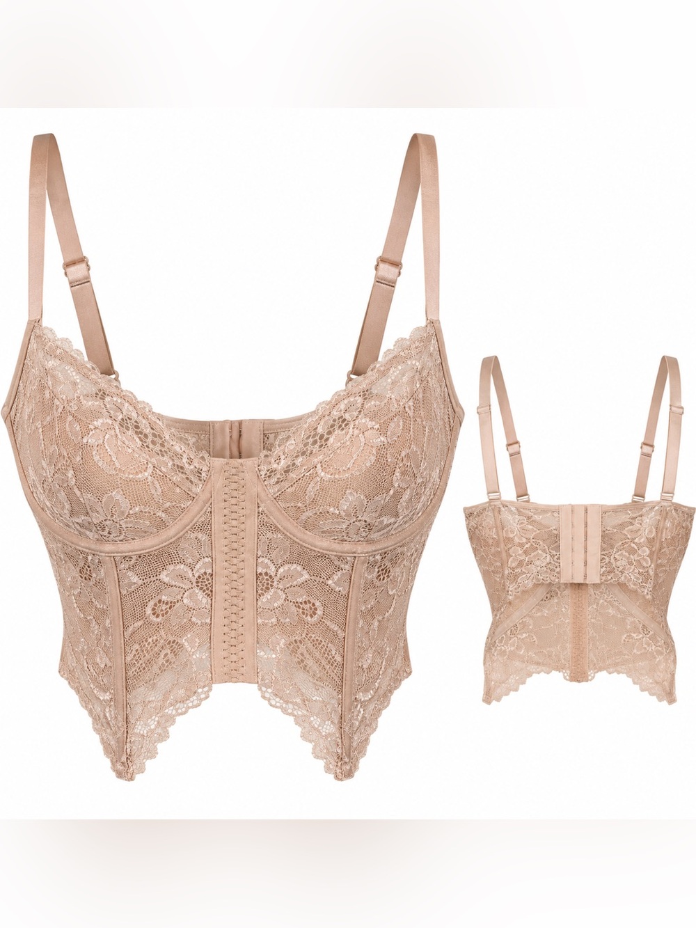 Avidlove Women's XL Nude Beige Floral Lace Bustier Corset Crop Top Front Zip NWT